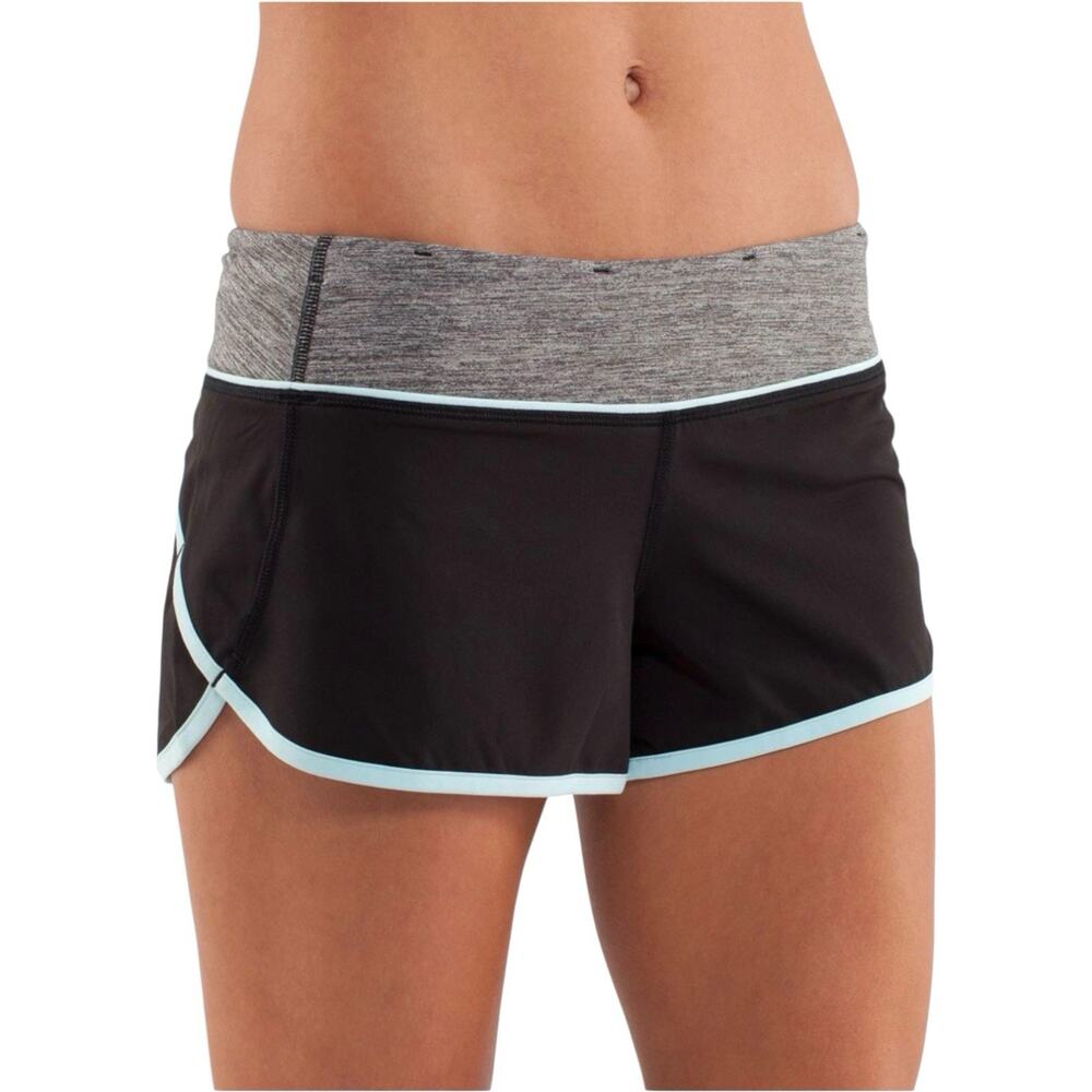 Lululemon Women Size 6 Black Speed Shorts Running Teal Trim Head Band